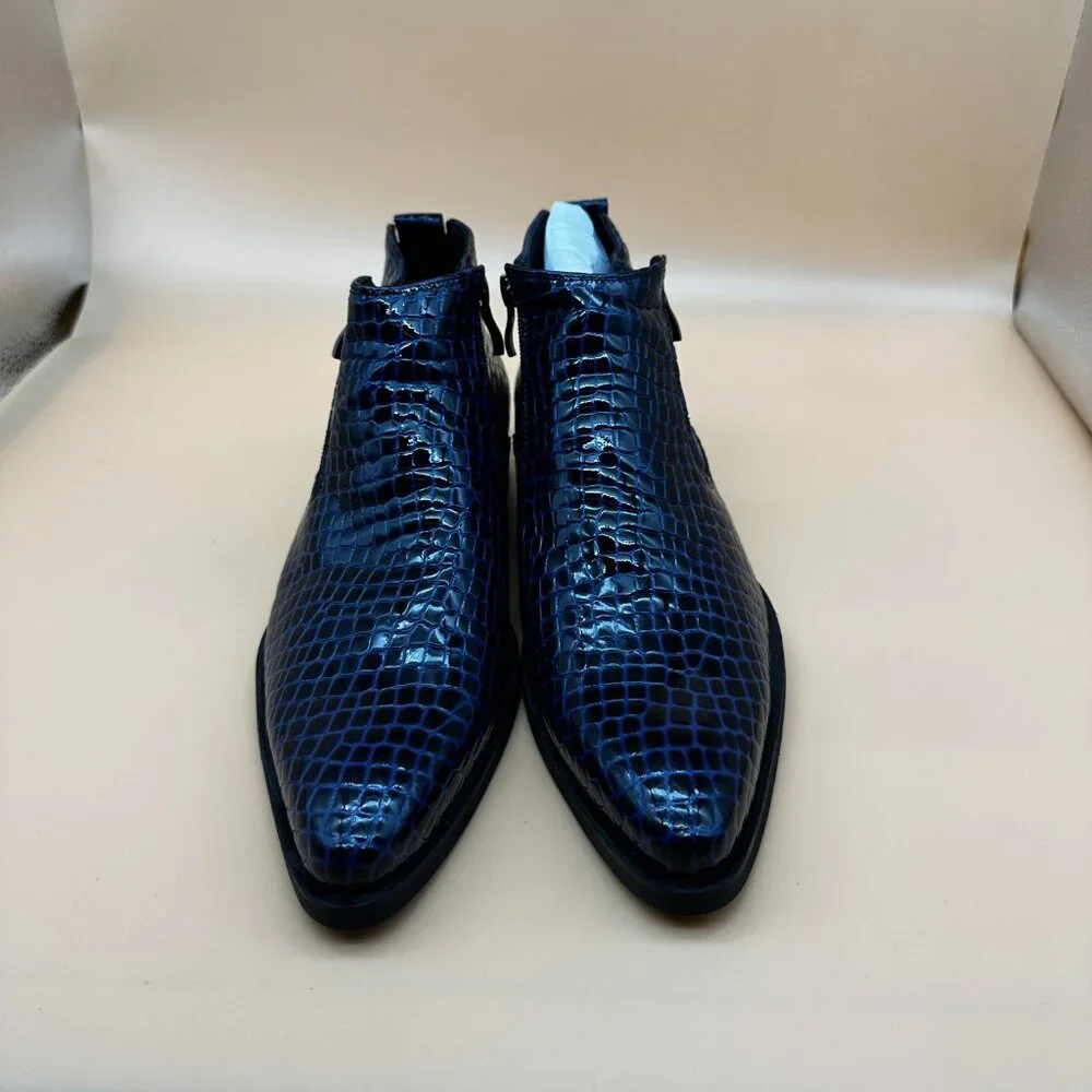 Santimon Men's US 7.5 Blue‎ Alligator Patent Leather Zipper Ankle Boots